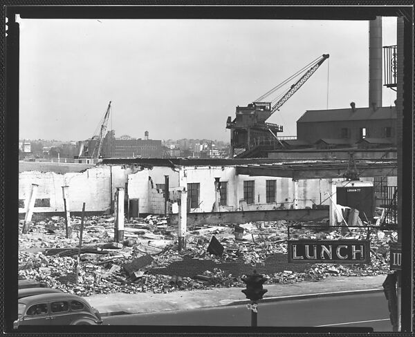 [Demolition Site with Cranes, Cars on Street, and "Lunch" Sign in Foreground New York City], Walker Evans (American, St. Louis, Missouri 1903–1975 New Haven, Connecticut), Film negative 