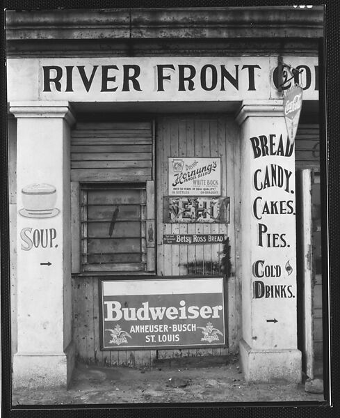 [Painted and Posted Advertisements on Façade of "River Front" Coffee Shop], Walker Evans (American, St. Louis, Missouri 1903–1975 New Haven, Connecticut), Film negative 