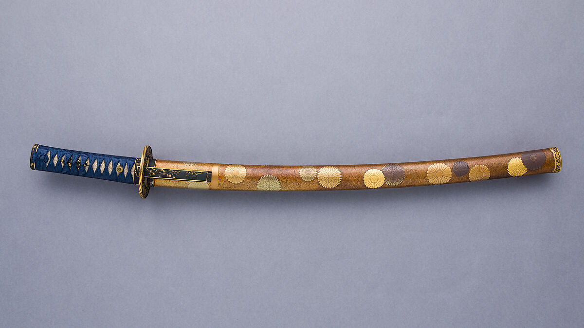 Blade and Mounting for a Short Sword (Wakizashi), Blade attributed to Fusamune of Soshu (Japanese, active ca. late 15th–early 16th century), Steel, wood, lacquer, ray skin (samé), silk, copper-gold alloy (shakudō), gold, silver, Japanese 