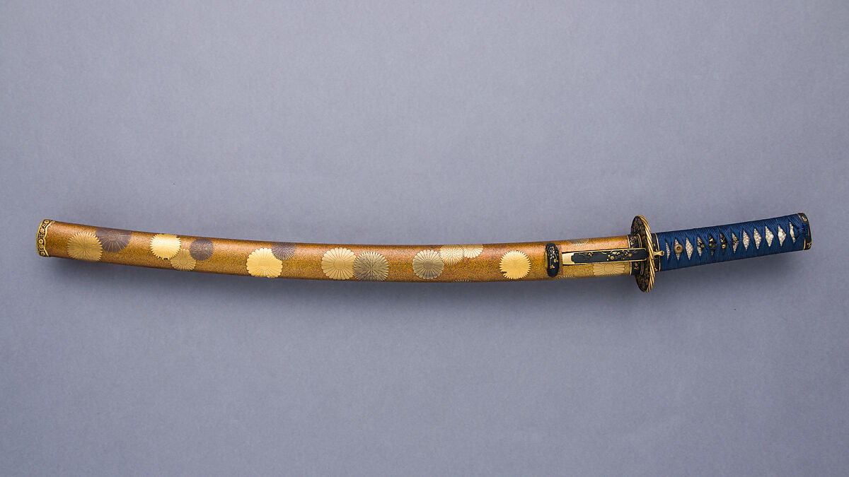 Blade and Mounting for a Short Sword (Wakizashi), Blade attributed to Fusamune of Soshu (Japanese, active ca. late 15th–early 16th century), Steel, wood, lacquer, ray skin (samé), silk, copper-gold alloy (shakudō), gold, silver, Japanese