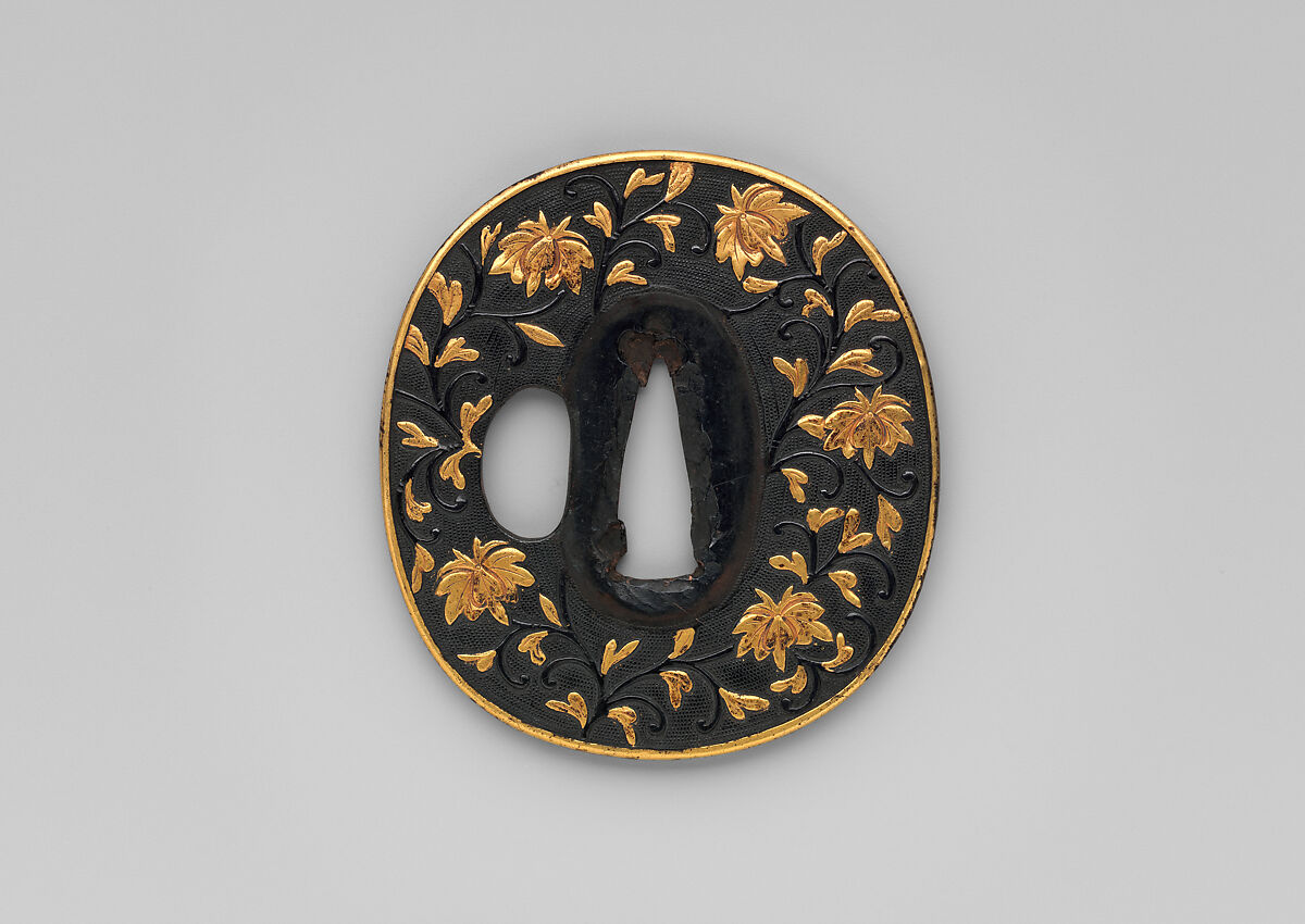Sword Guard (Tsuba), Ko-kinko school (Japanese), Copper-gold alloy (shakudō), gold, copper, Japanese