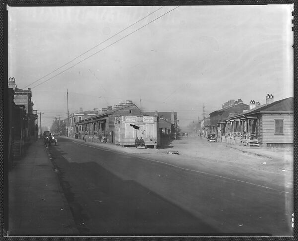 [Fork in Road with Two Rows of Wooden Houses and People on Corner, Savannah or Augusta, Georgia], Walker Evans (American, St. Louis, Missouri 1903–1975 New Haven, Connecticut), Film negative 
