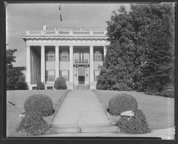 [Greek Revival Building with Awning Over Doorway, From End of Walkway, Macon, Georgia?], Walker Evans (American, St. Louis, Missouri 1903–1975 New Haven, Connecticut), Film negative 