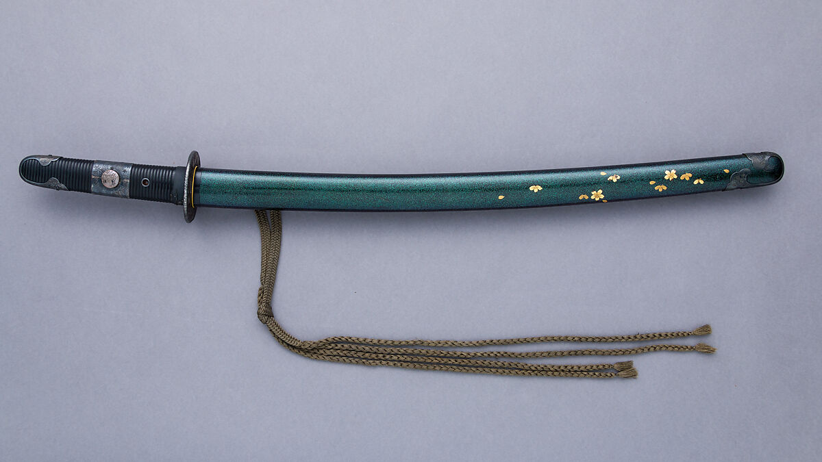 Blade and Mounting for a Short Sword (<i>Wakizashi</i>), Blade inscribed by Kawachino Kamifujiwara Rai[...] (Japanese, active 18th century), Steel, wood, lacquer, gold, abalone shell, iron, silver, copper-gold alloy (<i>shakudō</i>), copper, silk, Japanese