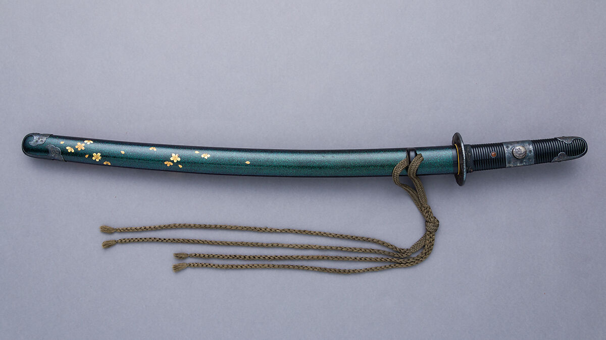 Blade and Mounting for a Short Sword (<i>Wakizashi</i>), Blade inscribed by Kawachino Kamifujiwara Rai[...] (Japanese, active 18th century), Steel, wood, lacquer, gold, abalone shell, iron, silver, copper-gold alloy (<i>shakudō</i>), copper, silk, Japanese 