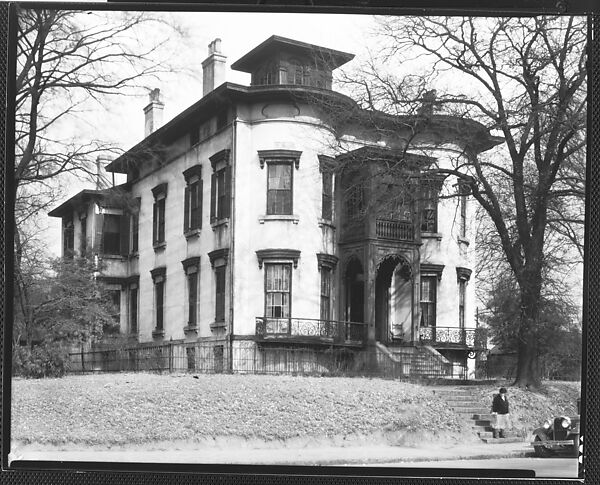 [Italianate Revival House with Two Story Entry Porch and Woman on Steps, Macon, Georgia], Walker Evans (American, St. Louis, Missouri 1903–1975 New Haven, Connecticut), Film negative 