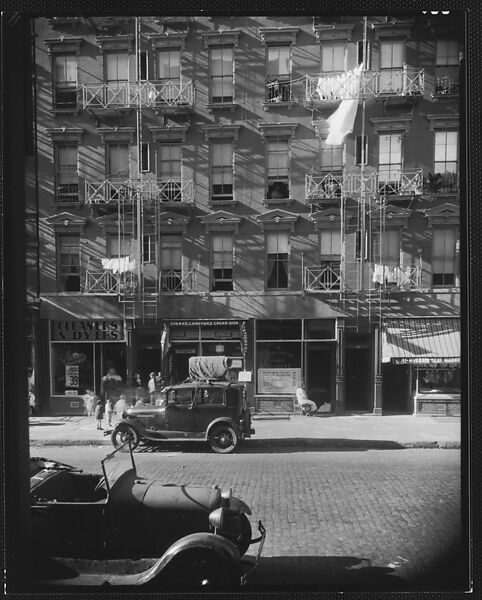 [Apartment Building with Ground Floor Shops and Parked Cars in Front, 41-43 Carmine Street, New York City], Walker Evans (American, St. Louis, Missouri 1903–1975 New Haven, Connecticut), Film negative 