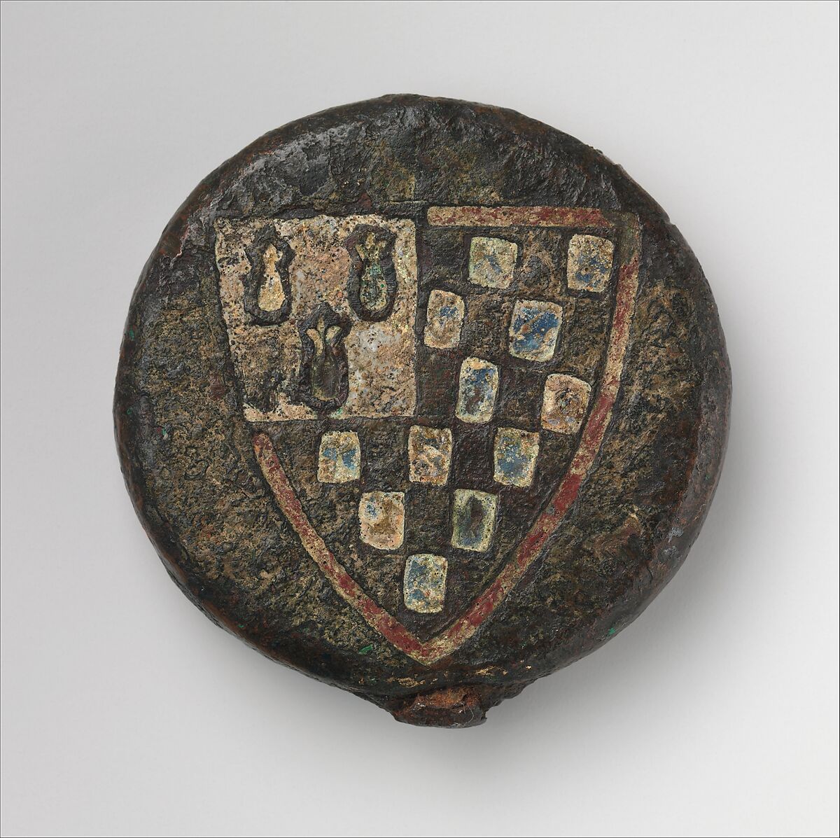 Sword Pommel with the Arms of Pierre de Dreux (ca. 1187–1250), Duke of Brittany and Earl of Richmond, Copper, gold, enamel, iron, French 