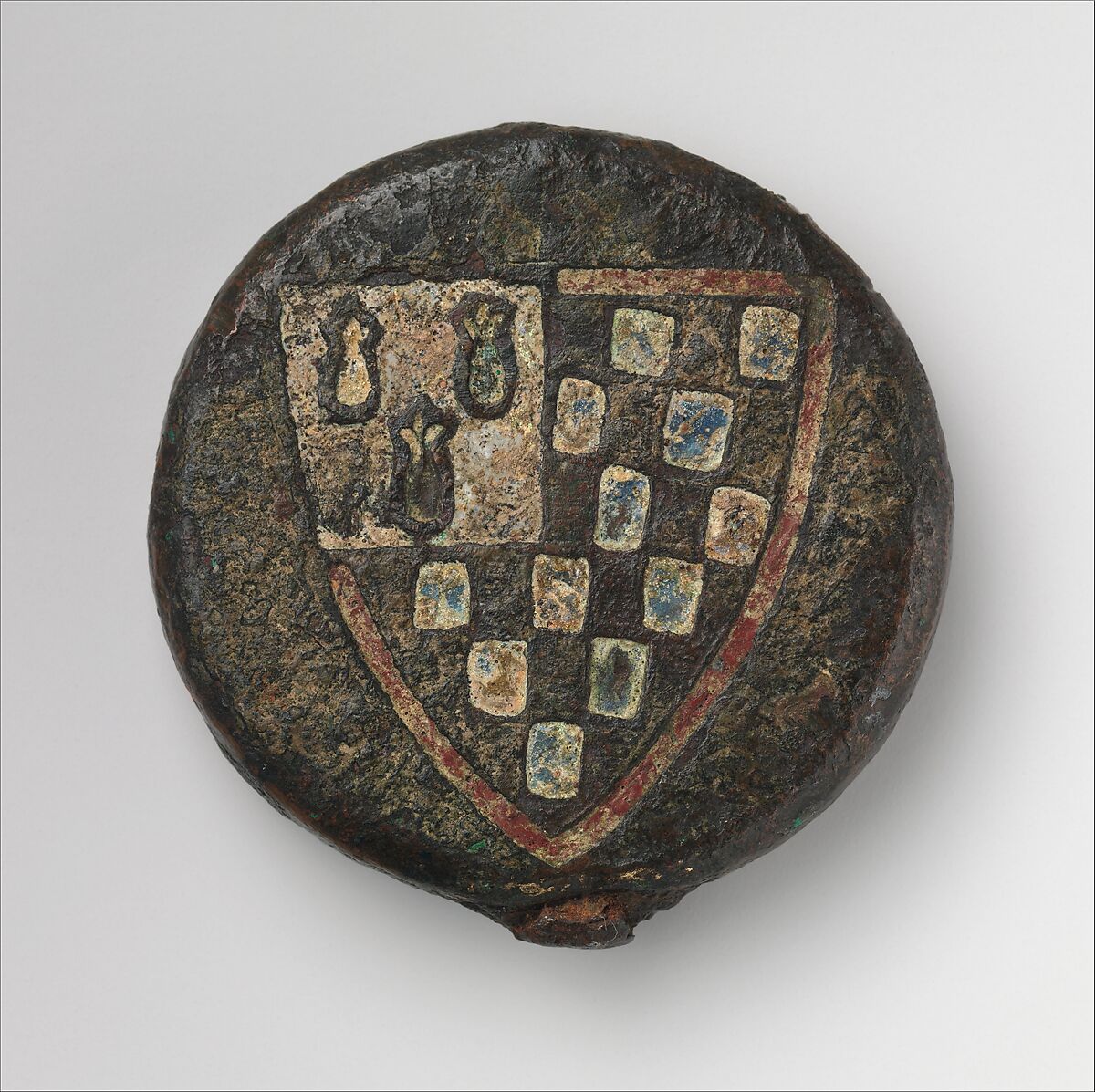 Sword Pommel with the Arms of Pierre de Dreux (ca. 1187–1250), Duke of Brittany and Earl of Richmond, Copper, gold, enamel, iron, French