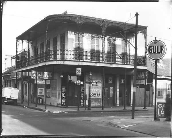 [Cast-Iron Balconied House with Ground Floor Advertisements and Gulf Filling Station Sign in Foreground, New Orleans, Louisiana], Walker Evans (American, St. Louis, Missouri 1903–1975 New Haven, Connecticut), Film negative 