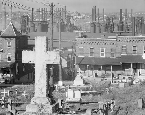 [View of Two-Family Houses and Steel Mill from St. Michael's Graveyard, with Cross Headstone in Foreground, Bethlehem, Pennsylvania], Walker Evans  American, Film negative