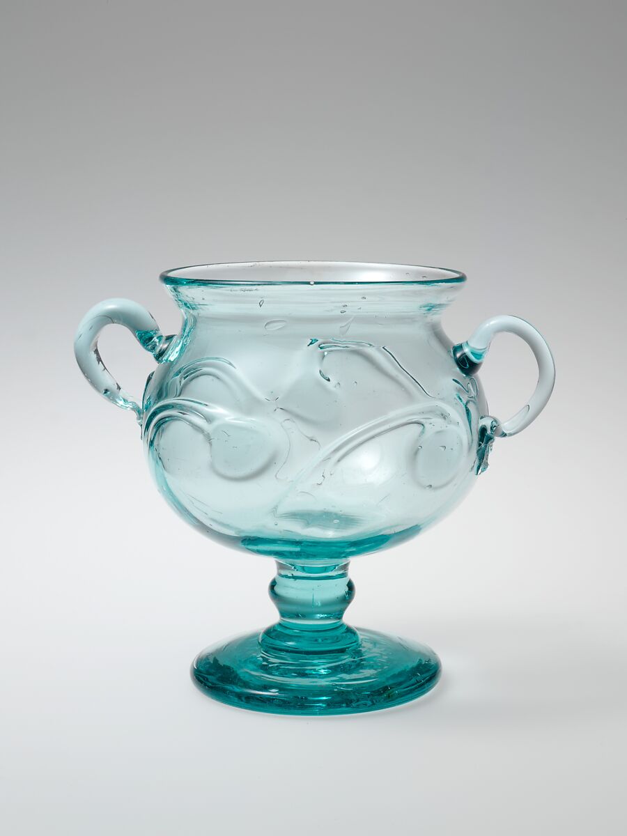 Two-handled cup, Blown glass with applied decoration, American 