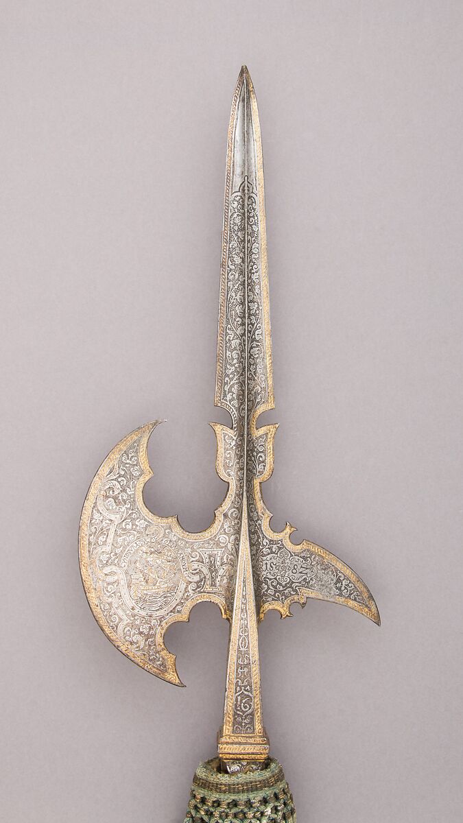 Halberd with the Arms of William V, Duke of Bavaria, Steel, wood (ash), gold, textile, metallic thread, German 