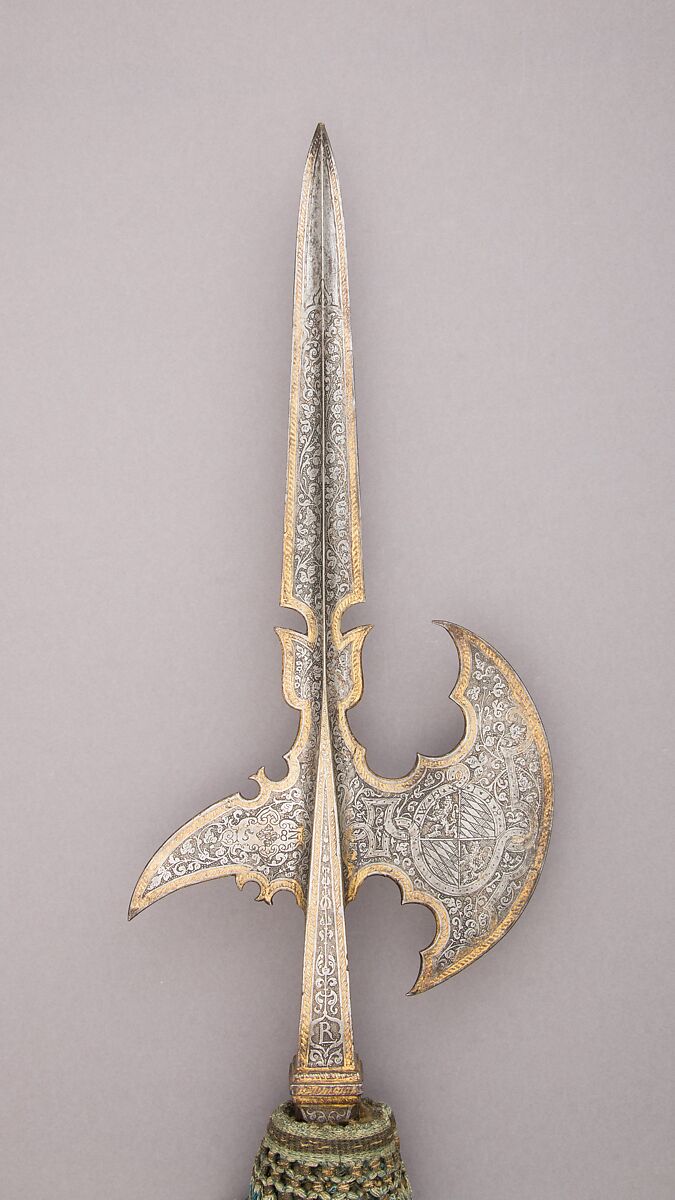 Halberd with the Arms of William V, Duke of Bavaria, Steel, wood (ash), gold, textile, metallic thread, German