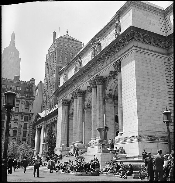 [68 Views of New York Public Library on Fifth Avenue, Bryant Park, and Studies of Reading Room, Stacks, Rare Book Room, and Readers, Possibly Commissioned for Unpublished Vogue Article, 1949, Including Four Portraits of Jane Smith Evans], Walker Evans (American, St. Louis, Missouri 1903–1975 New Haven, Connecticut), Film negative 