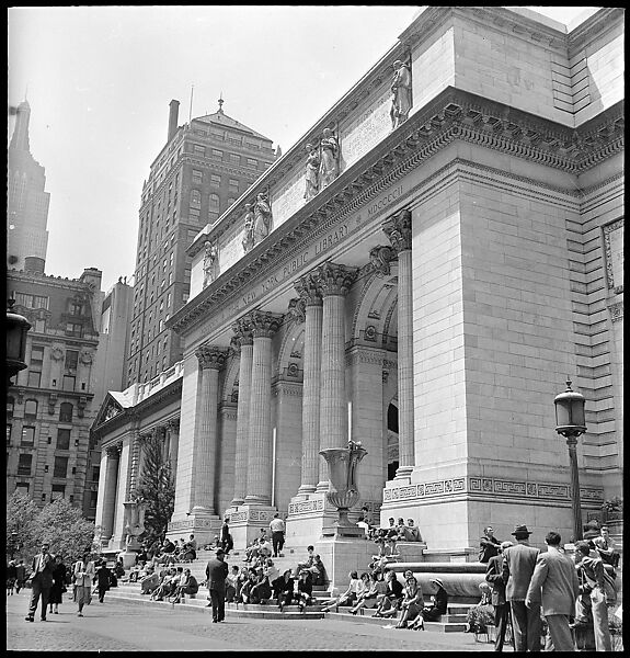 [68 Views of New York Public Library on Fifth Avenue, Bryant Park, and Studies of Reading Room, Stacks, Rare Book Room, and Readers, Possibly Commissioned for Unpublished Vogue Article, 1949, Including Four Portraits of Jane Smith Evans], Walker Evans (American, St. Louis, Missouri 1903–1975 New Haven, Connecticut), Film negative