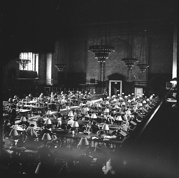[68 Views of New York Public Library on Fifth Avenue, Bryant Park, and Studies of Reading Room, Stacks, Rare Book Room, and Readers, Possibly Commissioned for Unpublished Vogue Article, 1949, Including Four Portraits of Jane Smith Evans], Walker Evans (American, St. Louis, Missouri 1903–1975 New Haven, Connecticut), Film negative