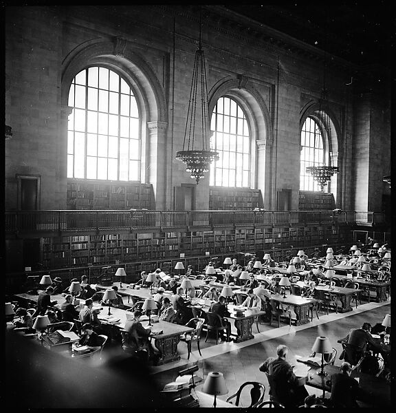 [68 Views of New York Public Library on Fifth Avenue, Bryant Park, and Studies of Reading Room, Stacks, Rare Book Room, and Readers, Possibly Commissioned for Unpublished Vogue Article, 1949, Including Four Portraits of Jane Smith Evans], Walker Evans (American, St. Louis, Missouri 1903–1975 New Haven, Connecticut), Film negative