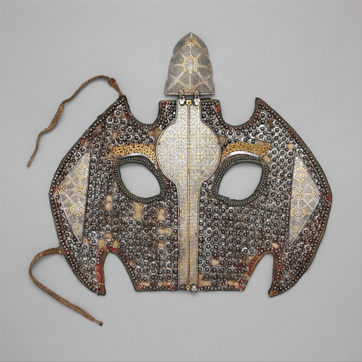 Shaffron (Horse's Head Defense), Iron, leather, gold, silver, brass or copper alloy, textile, Tibetan or Mongolian 