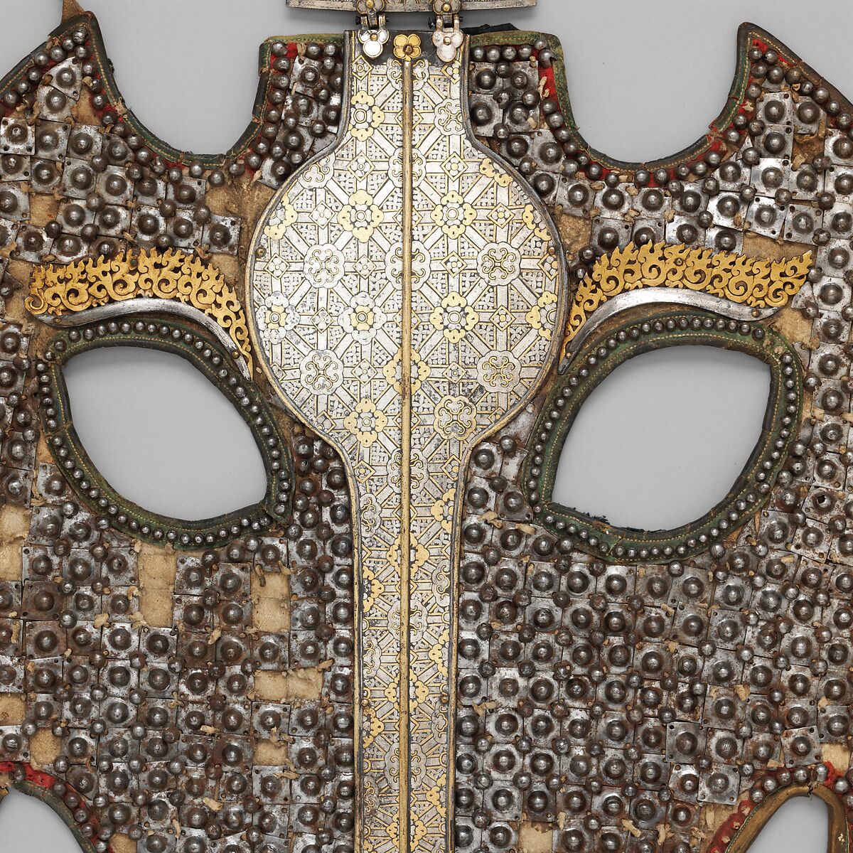 Shaffron (Horse's Head Defense), Iron, leather, gold, silver, brass or copper alloy, textile, Tibetan or Mongolian