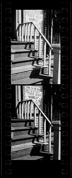 [Two 35mm Film Frames: Shadows on Outside Stairway with Movie Poster, New York City?], Walker Evans (American, St. Louis, Missouri 1903–1975 New Haven, Connecticut), Film negative