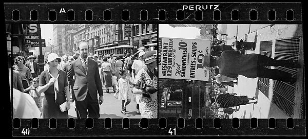 [Two 35mm Film Frames: Couple and Man with Sandwich Board Advertisement, Fourteenth Street, New York City], Walker Evans (American, St. Louis, Missouri 1903–1975 New Haven, Connecticut), Film negative
