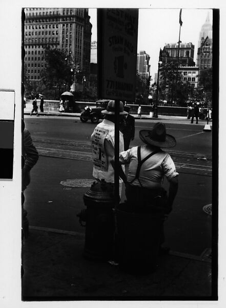 [Two 35mm Film Frames: Straw Hat Salesmen with Sandwich Board Advertisements, Union Square West?, New York City], Walker Evans (American, St. Louis, Missouri 1903–1975 New Haven, Connecticut), Film negative 