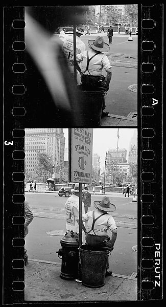 [Two 35mm Film Frames: Straw Hat Salesmen with Sandwich Board Advertisements, Union Square West?, New York City], Walker Evans (American, St. Louis, Missouri 1903–1975 New Haven, Connecticut), Film negative