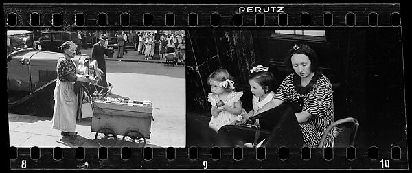[Two 35mm Film Frames: Housegoods Vendor and Cart in Front of Parked Car, Fourteenth Street, and Woman and Children on Street, New York City], Walker Evans (American, St. Louis, Missouri 1903–1975 New Haven, Connecticut), Film negative
