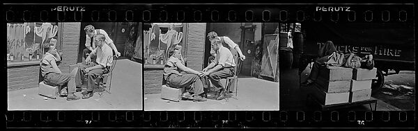 [Three 35mm Film Frames: Men on Sidewalk, and Construction Worker Lying on Boxes, New York City], Walker Evans (American, St. Louis, Missouri 1903–1975 New Haven, Connecticut), Film negative