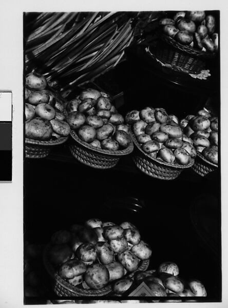 [Three 35mm Film Frames: Woman in Fur Collar Next to Elevated Train Steps, Sixth Avenue at Forty-Second Street, New York City;  Partial View of Passing Bus in Front of High-Rise Building, New York City; Outdoor Shop Display of Mushrooms and Leeks in Baskets, New York City], Walker Evans (American, St. Louis, Missouri 1903–1975 New Haven, Connecticut), Film negative