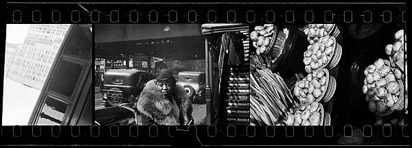 [Three 35mm Film Frames: Woman in Fur Collar Next to Elevated Train Steps, Sixth Avenue at Forty-Second Street, New York City;  Partial View of Passing Bus in Front of High-Rise Building, New York City; Outdoor Shop Display of Mushrooms and Leeks in Baskets, New York City], Walker Evans (American, St. Louis, Missouri 1903–1975 New Haven, Connecticut), Film negative
