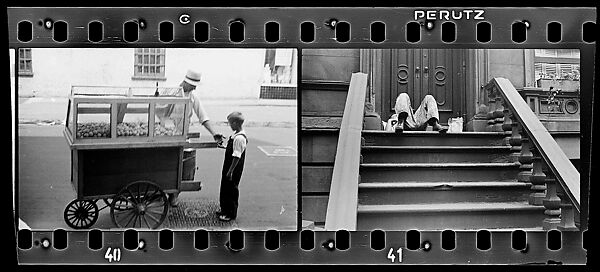 [Two 35mm Film Frames: Vendor with Child Customer, and Man Asleep on Stoop, Greenwich Village, New York City], Walker Evans (American, St. Louis, Missouri 1903–1975 New Haven, Connecticut), Film negative