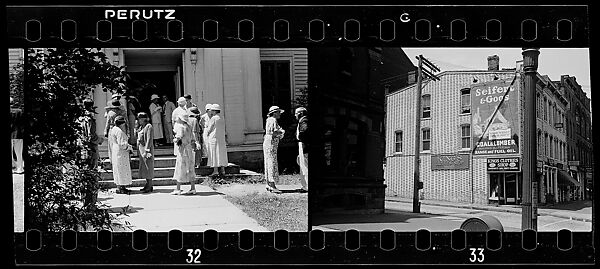 [Two 35mm Film Frames: People Leaving Church, Probably Vicinity Danbury, and Main Street, Danbury, Connecticut], Walker Evans (American, St. Louis, Missouri 1903–1975 New Haven, Connecticut), Film negative
