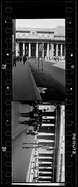 [Two 35mm Film Frames: "Uncle Sam" Sandwich Board Advertiser on Stilts Outside Pennsylvania Station, New York City], Walker Evans (American, St. Louis, Missouri 1903–1975 New Haven, Connecticut), Film negative