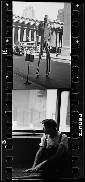 [Two 35mm Film Frames: "Uncle Sam" Sandwich Board Advertiser on Stilts Outside Pennsylvania Station, and Passenger on Bus or Streetcar, New York City], Walker Evans (American, St. Louis, Missouri 1903–1975 New Haven, Connecticut), Film negative
