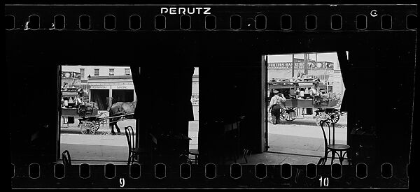 [Two 35mm Film Frames: Horse-Drawn Houseware Vendor's Cart on Street Through Doorway, New York City], Walker Evans (American, St. Louis, Missouri 1903–1975 New Haven, Connecticut), Film negative