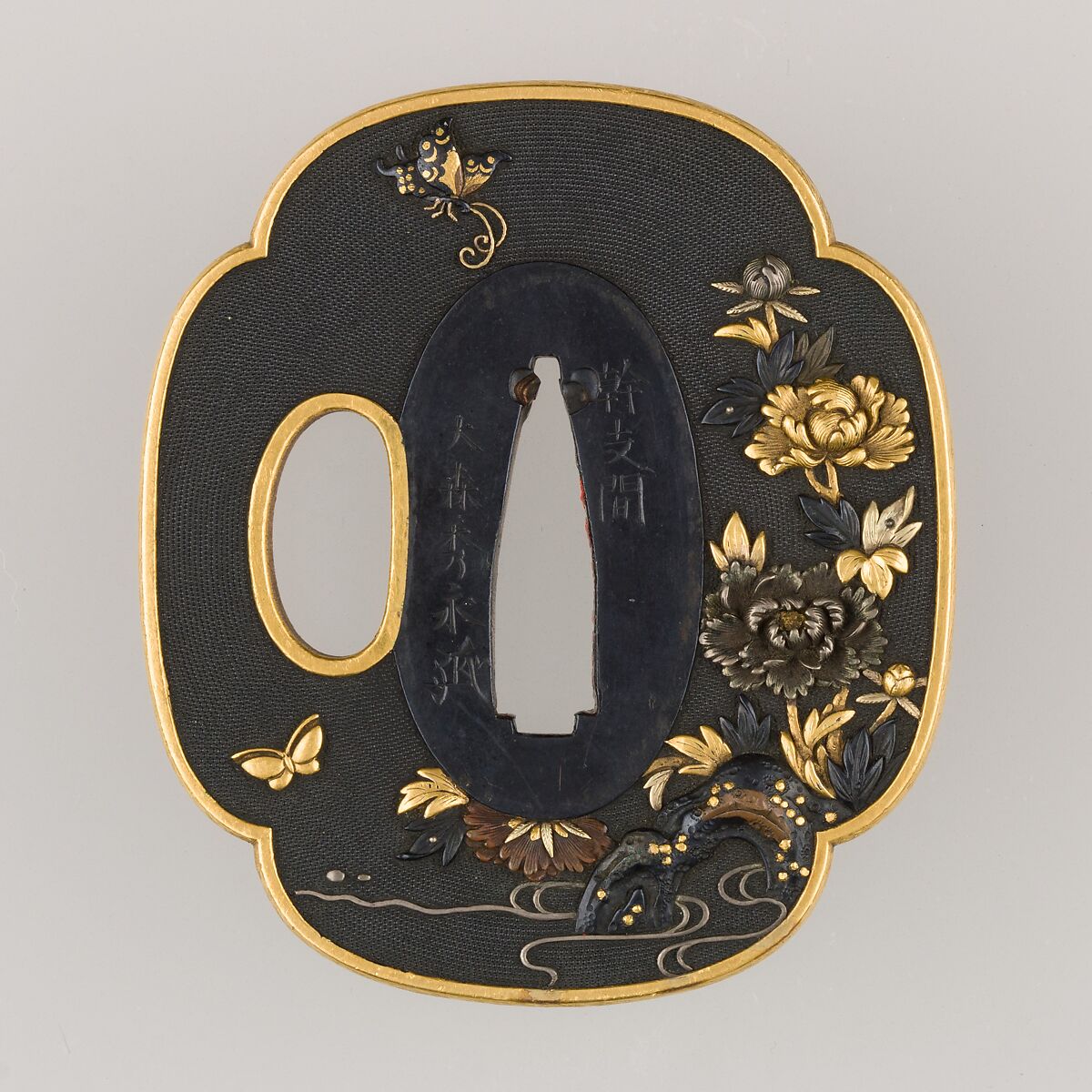 Sword Guard (Tsuba), Omori Hidenaga (Japanese, active late 18th century), Copper-gold alloy (shakudō), gold, copper, silver, Japanese 