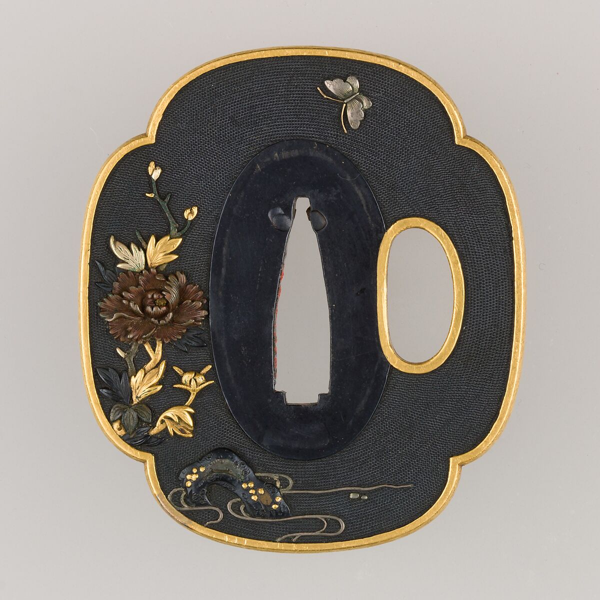 Sword Guard (Tsuba), Omori Hidenaga (Japanese, active late 18th century), Copper-gold alloy (shakudō), gold, copper, silver, Japanese