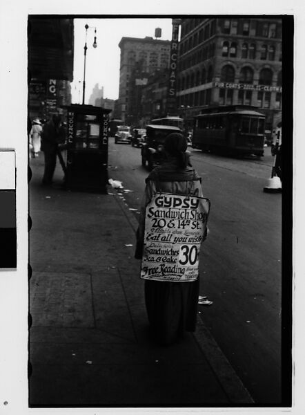 [Two 35mm Film Frames: Woman Wearing Sandwich Board Advertisement for Gypsy Sandwich Shop on Fourteenth Street, and Woman Before Shoe Store Window Display on Street, New York City], Walker Evans (American, St. Louis, Missouri 1903–1975 New Haven, Connecticut), Film negative 