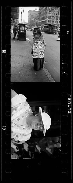 [Two 35mm Film Frames: Woman Wearing Sandwich Board Advertisement for Gypsy Sandwich Shop on Fourteenth Street, and Woman Before Shoe Store Window Display on Street, New York City], Walker Evans (American, St. Louis, Missouri 1903–1975 New Haven, Connecticut), Film negative