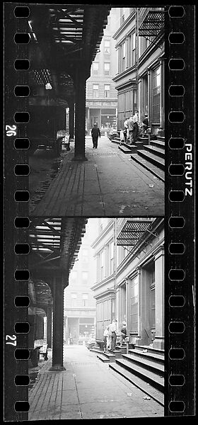 [Two 35mm Film Frames: Boys Playing on Stoop Near Elevated Train Tracks, New York City], Walker Evans (American, St. Louis, Missouri 1903–1975 New Haven, Connecticut), Film negative