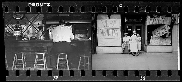 [Two 35mm Film Frames: Man Seated at Bar, From Behind, and Group in Doorway of Shopfront with Sale Signs in Window, New York City], Walker Evans (American, St. Louis, Missouri 1903–1975 New Haven, Connecticut), Film negative