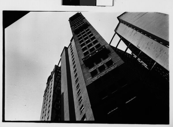 [Three 35mm Film Frames: Architectural Abstraction of Buildings and Watertower, From Below and Underexposed, Partial View of Bus Seat Backs with Advertisements, New York City], Walker Evans (American, St. Louis, Missouri 1903–1975 New Haven, Connecticut), Film negative