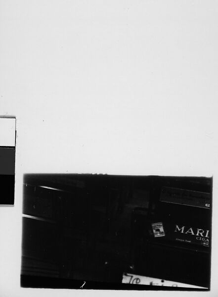 [Three 35mm Film Frames: Architectural Abstraction of Buildings and Watertower, From Below and Underexposed, Partial View of Bus Seat Backs with Advertisements, New York City], Walker Evans (American, St. Louis, Missouri 1903–1975 New Haven, Connecticut), Film negative