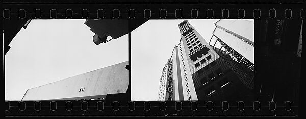 [Three 35mm Film Frames: Architectural Abstraction of Buildings and Watertower, From Below and Underexposed, Partial View of Bus Seat Backs with Advertisements, New York City], Walker Evans (American, St. Louis, Missouri 1903–1975 New Haven, Connecticut), Film negative