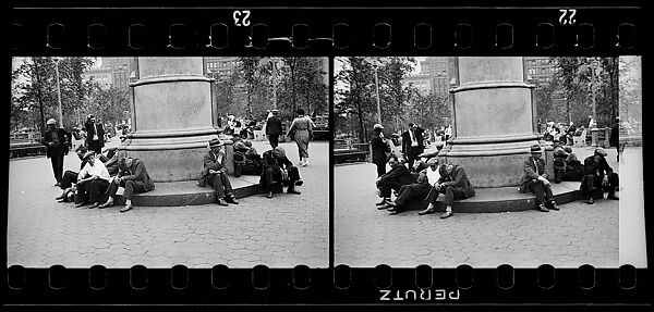 [Two 35mm Film Frames: Men Seated Around Statue Base, Union Square Park, New York City], Walker Evans (American, St. Louis, Missouri 1903–1975 New Haven, Connecticut), Film negative