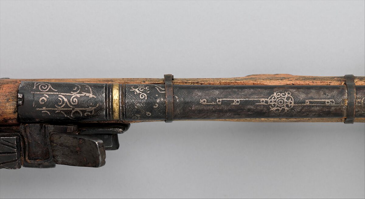 Miniature Snaphaunce Gun, Iron, wood, silver, brass, copper, Mongolian