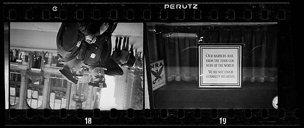 [Two 35mm Film Frames: Two Policemen in Conversation on Street and Barber Shop and NRA Signs in Window, New York City], Walker Evans (American, St. Louis, Missouri 1903–1975 New Haven, Connecticut), Film negative