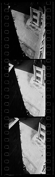 [Three 35mm Film Frames: View from Window of Corner Buildings and Cobblestone Street, Brooklyn?, New York], Walker Evans (American, St. Louis, Missouri 1903–1975 New Haven, Connecticut), Film negative